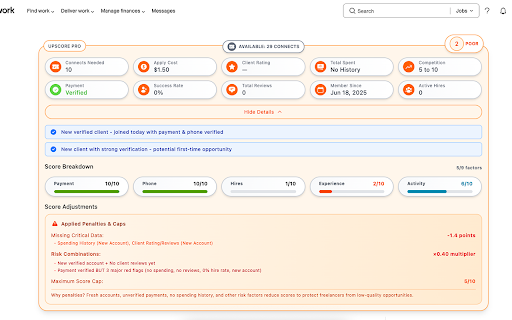 UpScore Pro - Smart Job Analysis for Upwork :: Save money on Upwork! Get instant job quality scores, risk warnings, and connect costs before applying to avoid bad clients.