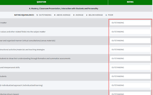 OFE Auto-fill :: Auto-fills Online Faculty Evaluation (OFE) forms with custom ratings to save time and streamline the evaluation process.