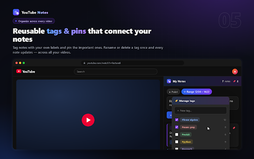 YouTube Notes :: Turn YouTube into a study tool: timestamped notes, tags, bookmarks, playlists, a progress dashboard, and cloud sync.