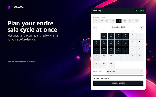 SaleLoop — Etsy Sale Cycle Scheduler :: Save a sale setup once, then relaunch the whole cycle in seconds. Schedules one Etsy sale per day across a date range.