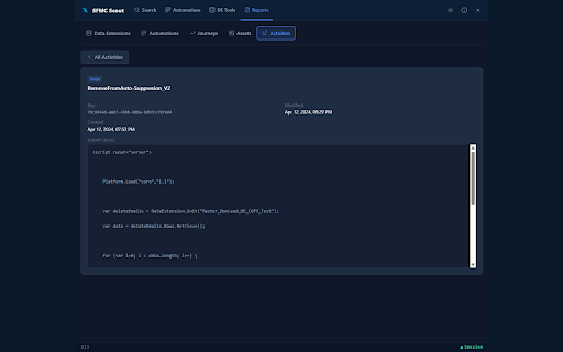 SFMC Scout :: Search Data Extensions, Automations, Journeys, Emails and more in Salesforce Marketing Cloud from one side panel.