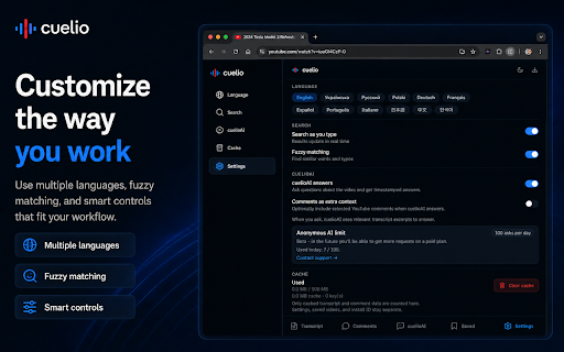 Cuelio — Transcript Search & AI for YouTube™ :: Find moments in YouTube™ videos with transcript search, AI answers, and one-click timestamp jumps.