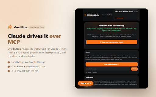 Automation — MCP for Google Flow, Google Vids & Claude: AI video autopilot :: Google Flow shoots a clip, Google Vids an avatar. OmniFlow shoots the queue: prompts, 39 cinematic moves, talking hosts. Via Claude.