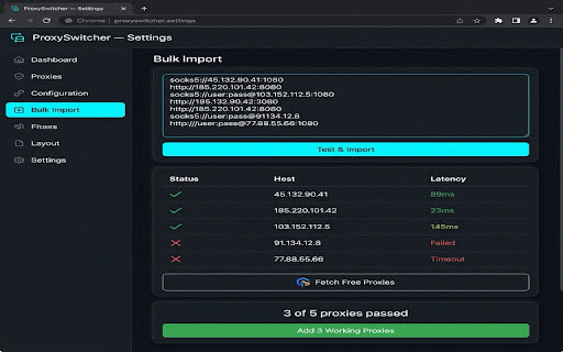 ProxySwitcher :: Manage multiple proxy profiles with one click. Auto-rotation, health monitoring, speed test, fingerprint protection, and more.