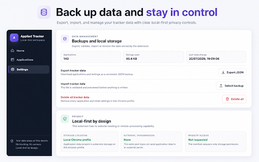 Applied Vacancies Tracker :: Track job applications locally: company, role, date, salary, status, and more. One-click page detection can prefill new entries.