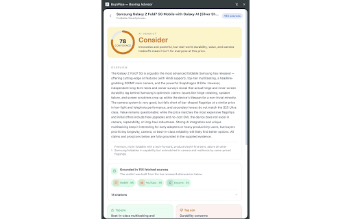 BuyWise - AI Purchase Research Advisor :: AI advisor that researches any retail purchase online or in-store and gives you a Buy / Consider / Skip verdict from real reviews.