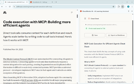 DocuMentor AI – AI Learning Assistant :: Instant AI analysis of technical content—no prompts required. One click for personalized summaries. 100% local, privacy-first.
