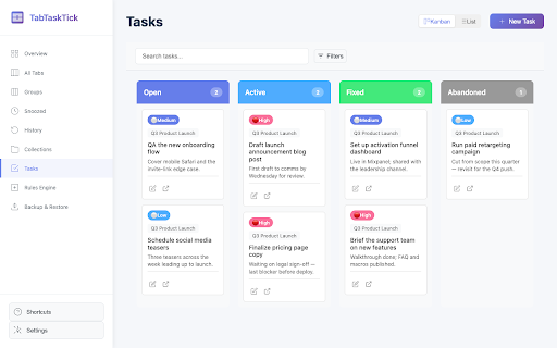 TabTaskTick: Tab & Task Manager :: Tab manager with built-in to-dos, Kanban, auto-grouping, and snooze. Local-only, no account, no tracking. Built for GTD.