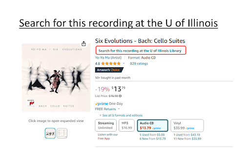 U of Illinois Library Amazon Browser :: On Amazon, this extension displays books available in the U of Illinois, I-Share, Champaign Public Libraries, and WorldCat.