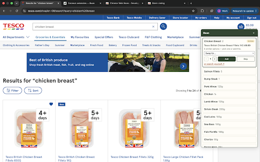 Bean basket assist :: Add your Bean shopping list to your Tesco basket: review each suggested product and tap to add. Never touches checkout or payment.