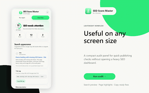 SEO Score Master :: ✅ Audit any page in one click. Get SEO score, search preview, page highlights, and copy-ready fixes without leaving the page.