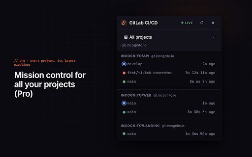 GitLab CI/CD for Chrome :: View & manage GitLab pipelines and jobs from your browser — run, cancel, retry, view logs.