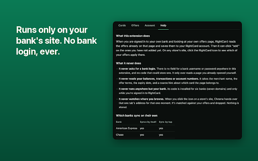 RightCard: Credit Card Offers :: Adds your Amex, Chase, Citi and Wells Fargo card offers automatically while you're on your own bank's offers page. No bank login.