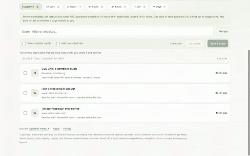 Tab Shelf :: Review stale tabs, save them before closing, and restore them when needed. Local only.