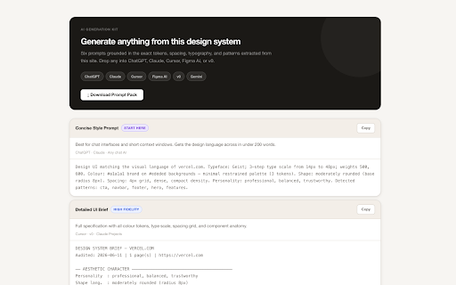 Website Design DNA Auditor :: Extract a website's full design system in one click: colours, typography, spacing, components, patterns, and AI prompts.