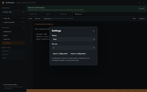 Draftstead – Offline Code Editor :: Edit code and text offline with tabs, syntax highlighting, and crash-safe local workspace recovery.