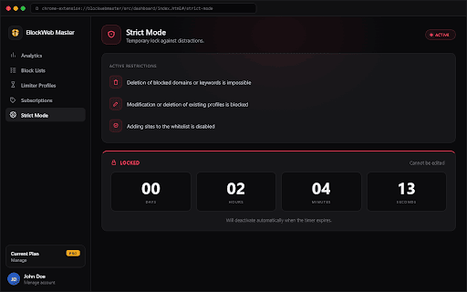 BlockWeb Master :: Block distracting websites, set time limits on social media, and stay focused with an unbreakable Strict Mode.