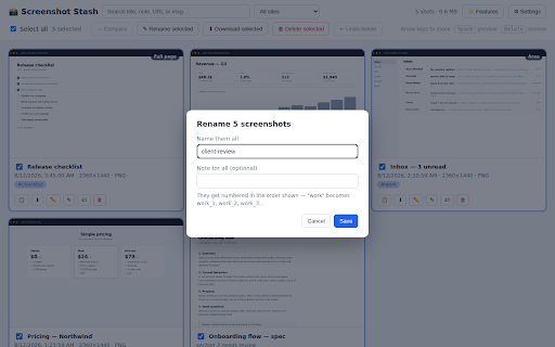 Screenshot Stash — Multi Screenshot & Full Page Capture :: Take multiple screenshots into a private local library: full page, visible tab or region. Annotate, copy, download or bulk-delete.