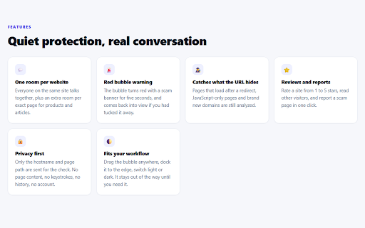 Worldwide Chat — Scam Detector :: Shared live chat per website + automatic scam & risk check per page: the bubble shows risk % with color codes.