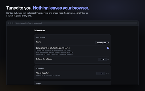 TabKeeper :: Side panel manager for open tabs, bookmarks, and saved sessions.