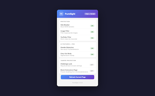 PureSight :: Blocks NSFW sites and filters immodest images using AI gender detection, skin analysis, and keyword heuristics. Free + Pro.