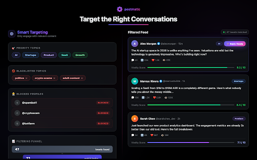postmatic - AI Replies for X :: AI auto-engagement for X.com. Monitors your feed, generates contextual replies, and posts them with your approval.