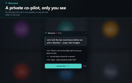 Wazomind: AI Meeting Notes & Live Answers :: Real-time meeting co-pilot: live transcript, answers and a post-call summary for Google Meet, Zoom web and Teams web. No bot joins.