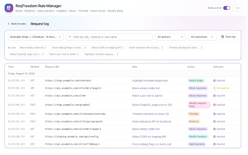 ReqFreedom :: Request debugging: block, redirect, inject params, modify headers, mock responses, throttle, modify body, insert script