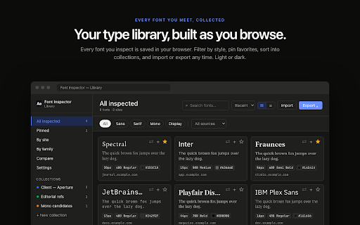 Font Inspector – Font Finder for Any Website :: Find the font on any website. Point at text to see its family, size, weight and the font actually rendered, then copy CSS.