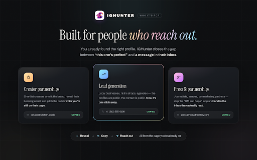 IGHunter: Free Instagram Email Finder & Contact Info :: Find any Instagram profile's public email & phone in one click. 20 free contacts a month when you sign in. Export to Excel or CSV.