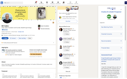 Creative AI LinkedIn Prospector :: Creative AI LinkedIn Prospector est une extension innovante qui utilise l'IA pour analyser les profils LinkedIn de vos prospects.