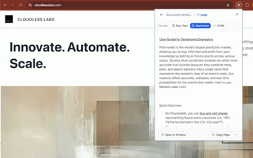 Webscribe by BobNinja :: Save web pages as clean markdown or text. Perfect for offline reading, AI assistants, and documentation research.