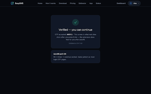 BusySMS OTP Autofill :: Automatically fill website OTP / verification code fields using codes from your BusySMS phones, then press Enter to continue.