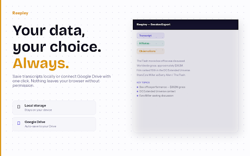 Reepley: AI note taker for Google Meet, Zoom and MS Teams :: The AI that sits in the room with you; live transcription, real-time AI answers, structured notes, and memory across sessions.