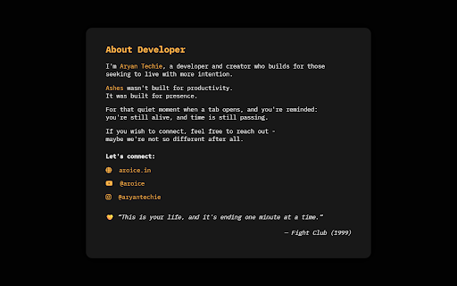 Ashes - New Tab :: A New Tab with advanced life expectancy calculation that helps you live with intention. Features lifestyle analysis.