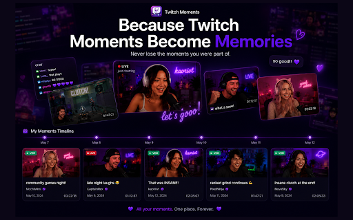 Twitch Moments: Save Twitch Chat History, VOD Sync & Shareable Stream Cards :: Save Twitch chat history forever. Sync live messages to VODs, create shareable moment cards, and relive your favorite streams.