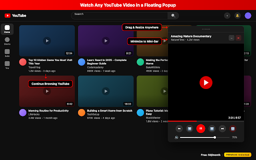 YouTube Popup Player :: Watch YouTube videos in a floating popup player. Block Shorts, filter content, keep recommendations.