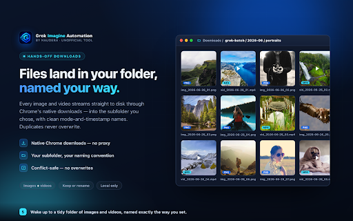 Batch Prompts & Auto Downloader for Grok Imagine — Grok Automation Tool :: Grok automation for Grok Imagine — batch prompts, bulk auto-download AI images & videos. Queue, auto retry, folders. Unofficial.