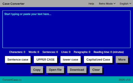 Case Converter :: Easily switch your text between formats like UPPERCASE, lowercase, Capitalized Case, camelCase, and more — all in one click.