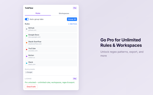 TabFlow - Tab Group Workspace Manager :: Auto-group tabs by domain rules and save/restore workspaces in one click. Native Tab Groups, zero learning curve.