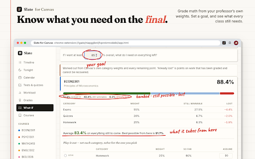 Slate for Canvas :: Every Canvas deadline plus the ones hiding in your syllabus, with a plan for tonight and times that learn your pace. Read-only.