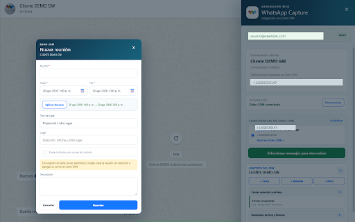 GW WhatsApp Capture :: Captura selectiva de conversaciones de WhatsApp Web y registro en Zoho CRM.