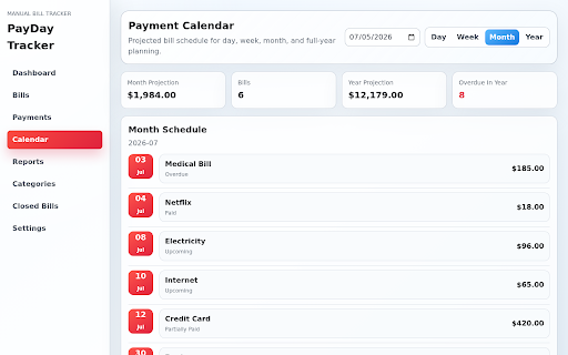 PayDay Tracker :: Track bills, payments, paid totals, overdue bills, and closed paid bills.