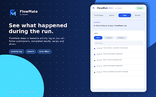 Flow Mate By Saqlain :: Batch-automate image and video prompts in Google Flow and download results.