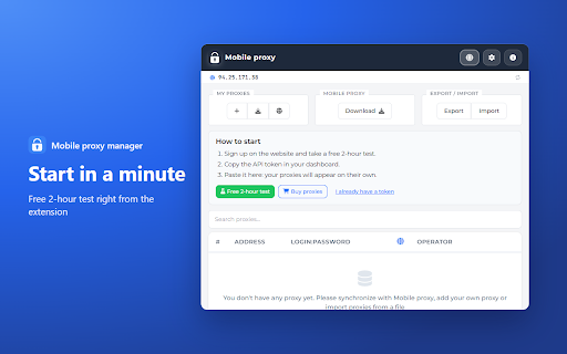Mobile proxy manager :: Mobile and residential proxies in one click: switch, rotate IP, health-check, export to antidetect browsers, cloud backup.