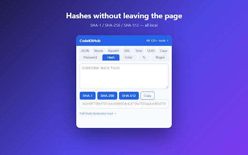 CodeKitHub – JSON, Base64 & Dev Tools :: JSON formatter, Base64 encoder, UUID/hash generator, regex tester & more — 12 free dev tools in one popup. 100% local, no sign-up.