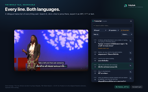 PolySub — AI Video Subtitle Translator :: Dual subtitles with Instant and managed AI translation, free themes, transcripts, and live transcription.