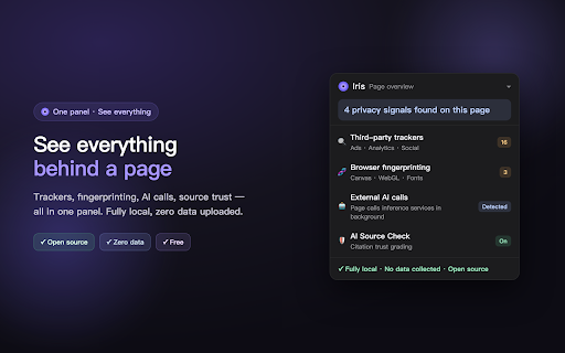 Iris — Privacy & AI Safety :: Detects trackers, fingerprinting & AI leaks. Flags unsafe citations, subscription traps & adult content. Open source.