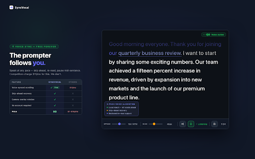 SyncVocal :: Free Google Slides teleprompter that follows your voice in 30 languages. Reads your speaker notes and scrolls as you speak.