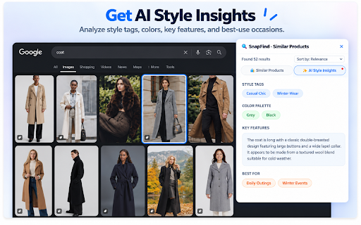 SnapFind – Search by Image :: Search by image to find similar clothes and products online. Right-click a web image or capture an area to discover matches.